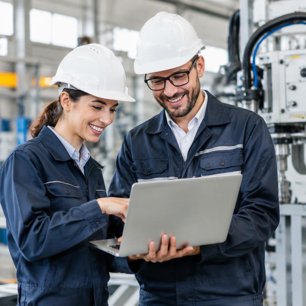 Engenheiros industriais sorrindo ao analisar dados em notebook