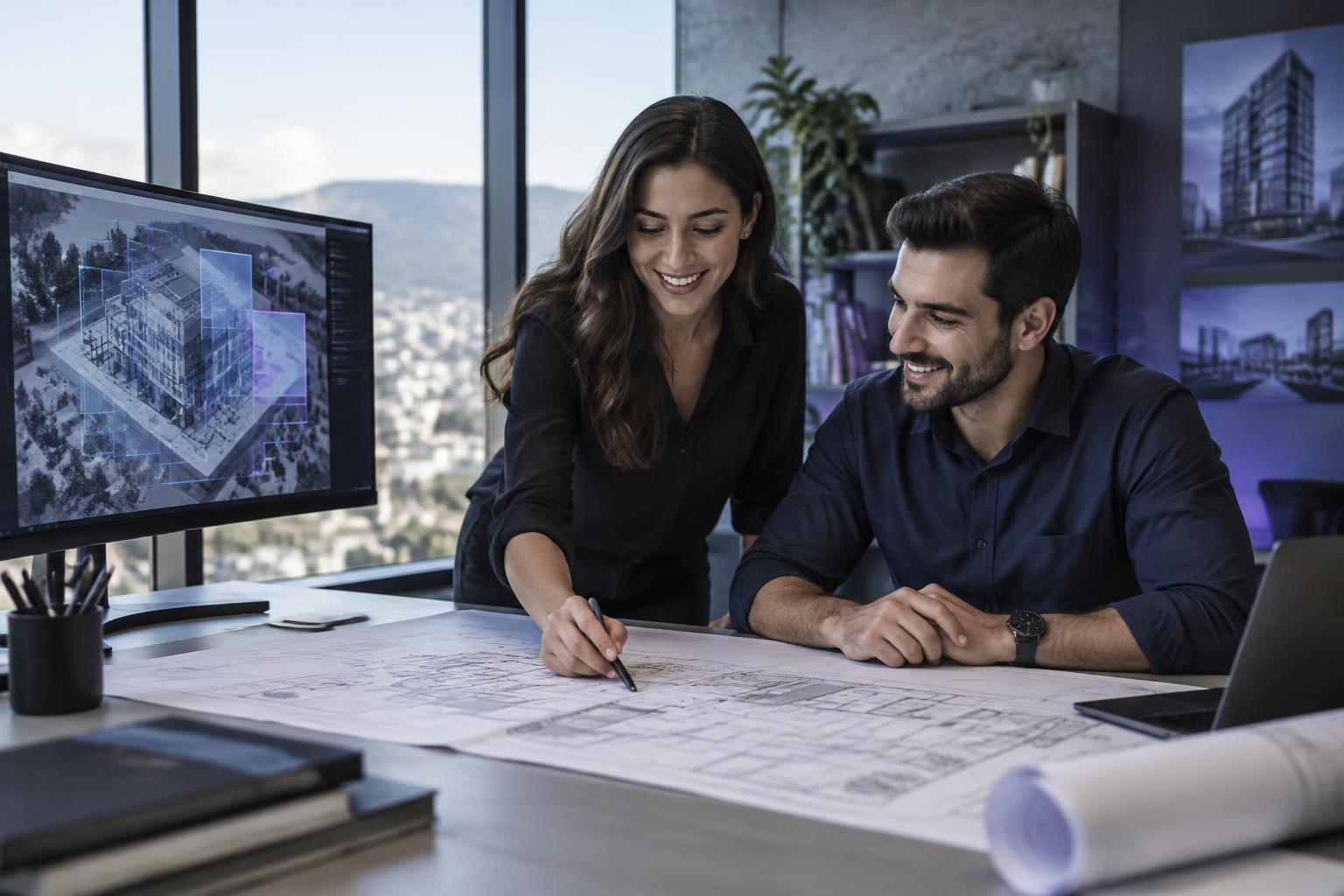Profissionais de arquitetura analisando uma planta e um modelo digital de edifício