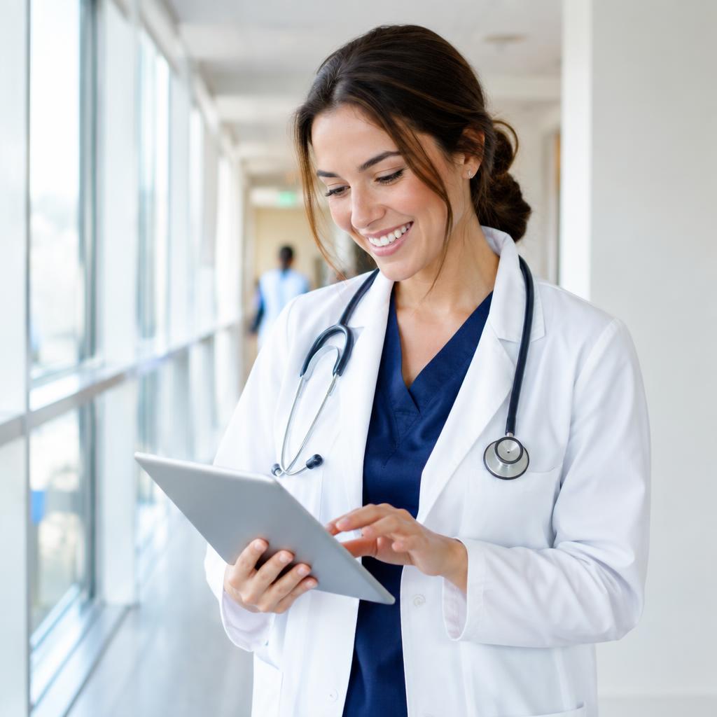 Médica sorrindo enquanto consulta tablet em corredor de clínica