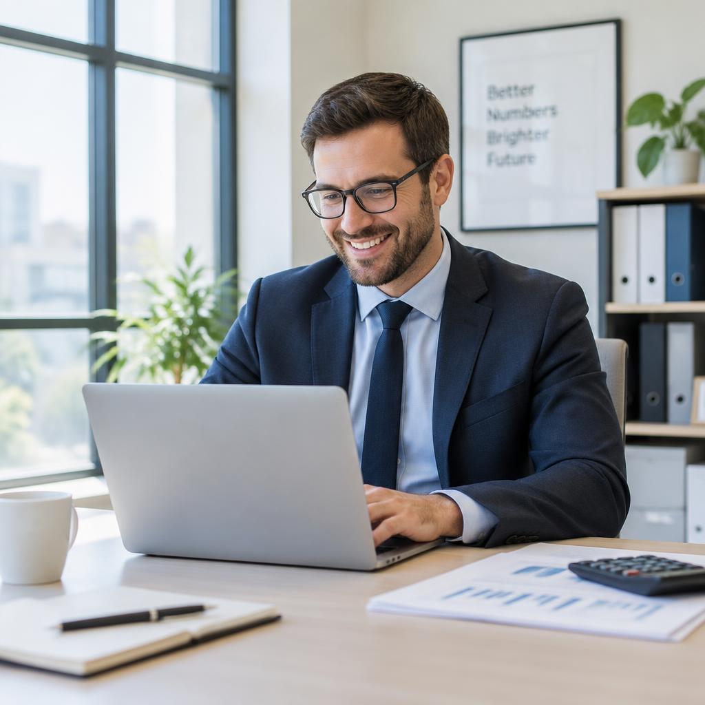 Profissional de escritório sorrindo enquanto trabalha no notebook