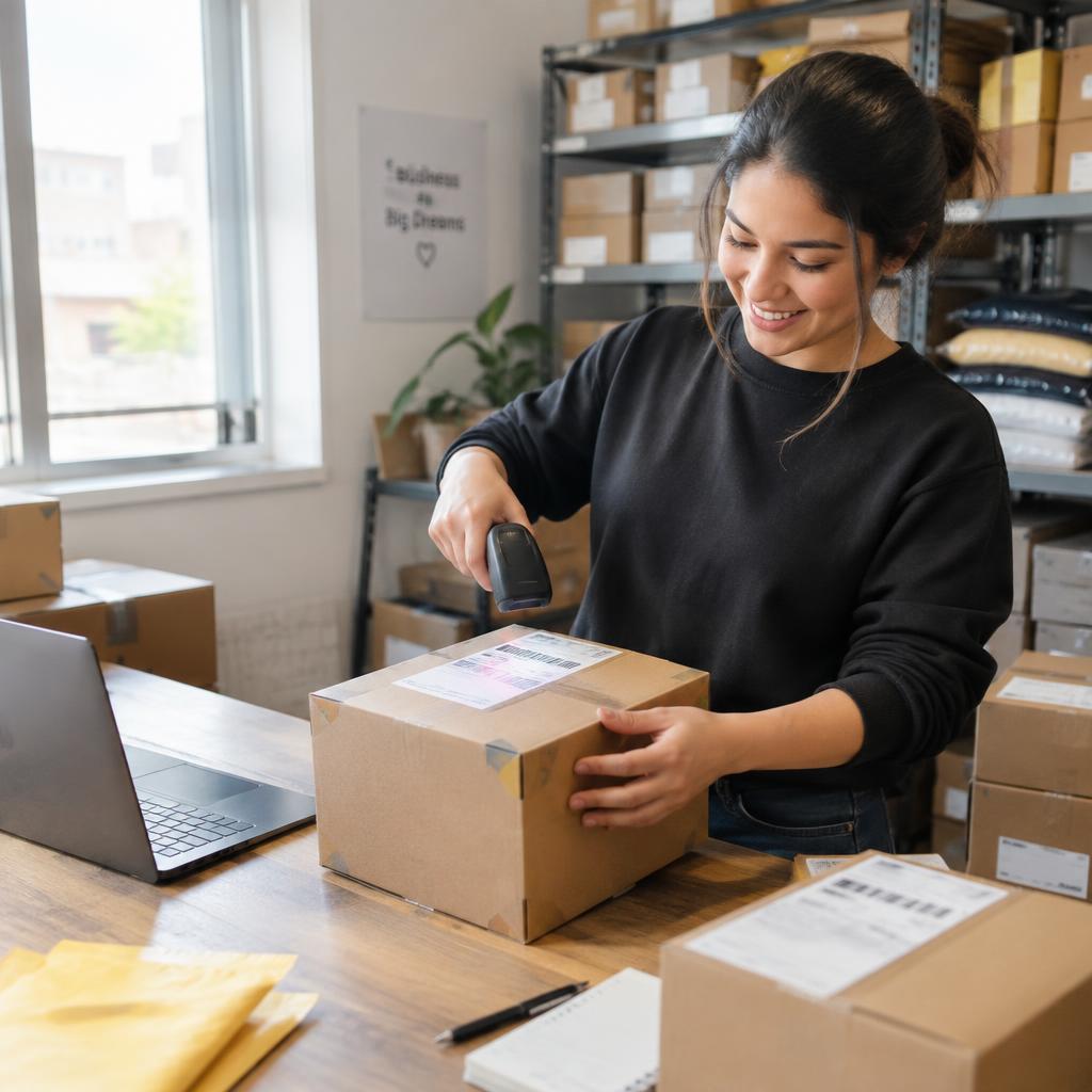 Funcionária sorrindo ao escanear pacotes de pedidos online